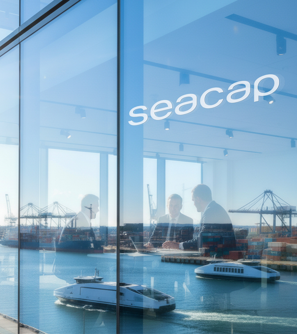 Business meeting behind a glass wall reflecting a busy port with ferries, cranes and containers, with the Seacap logo on the glass
